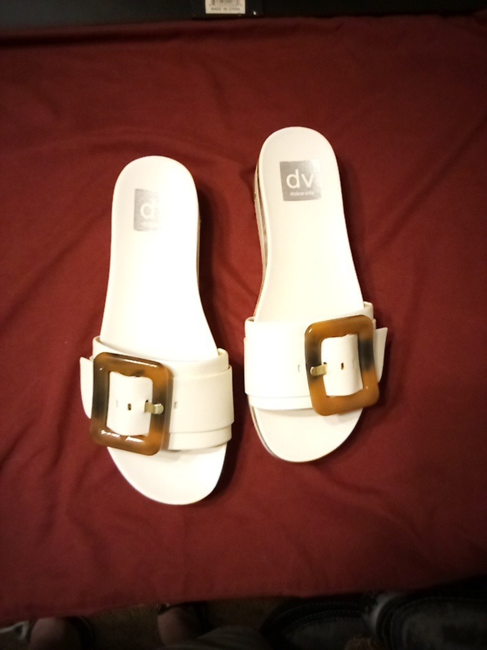 DV by Dolce Vita White Slide Sandals with Tortoiseshell Buckle Accent